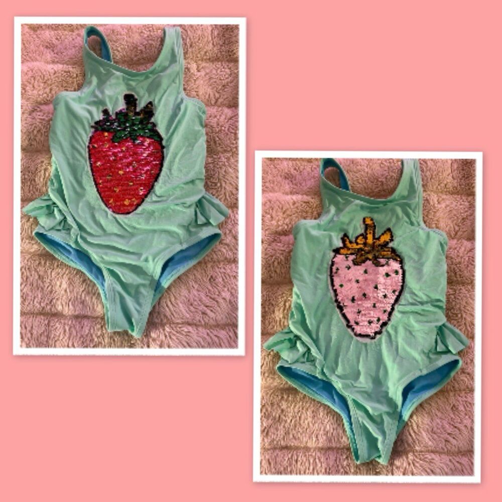 Beach Lingo Girls One-Piece Swimsuit with a Flip Reversible Sequin Strawberry